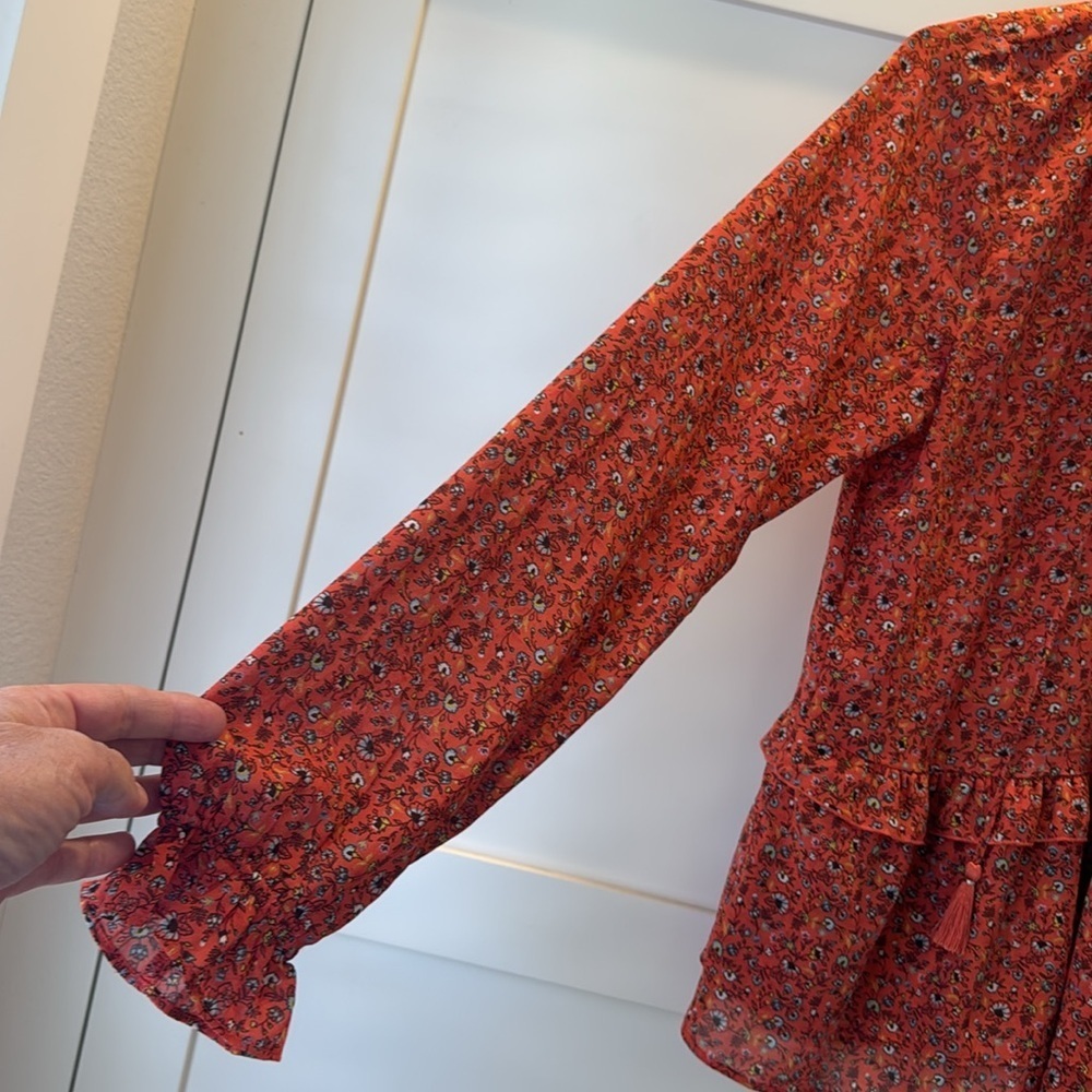 Abercrombie & Fitch Orange Floral Patterned Blouse with Ruffle Long Sleeve Large - Picture 6 of 13